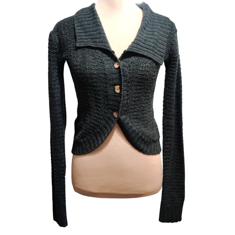2B Loved M Grey Textured Knit Cropped Collared Button Up Sweater Y2K Layer Chic